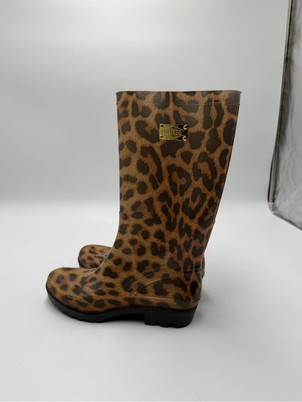 Guess Leopard Print Rain Boots Women’s Size 8 Waterproof Rubber Mid Calf